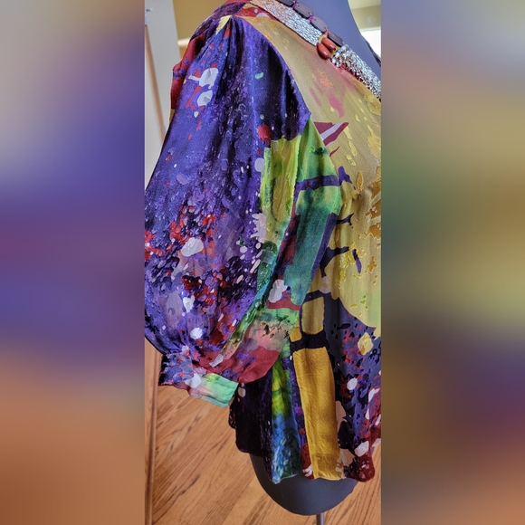 $395 NWOT MAGASCHONI BLOUSE TUNIC TOP EMBELLISHED JEWELED V NECK 3/4 SLEEVE XL - Picture 10 of 11